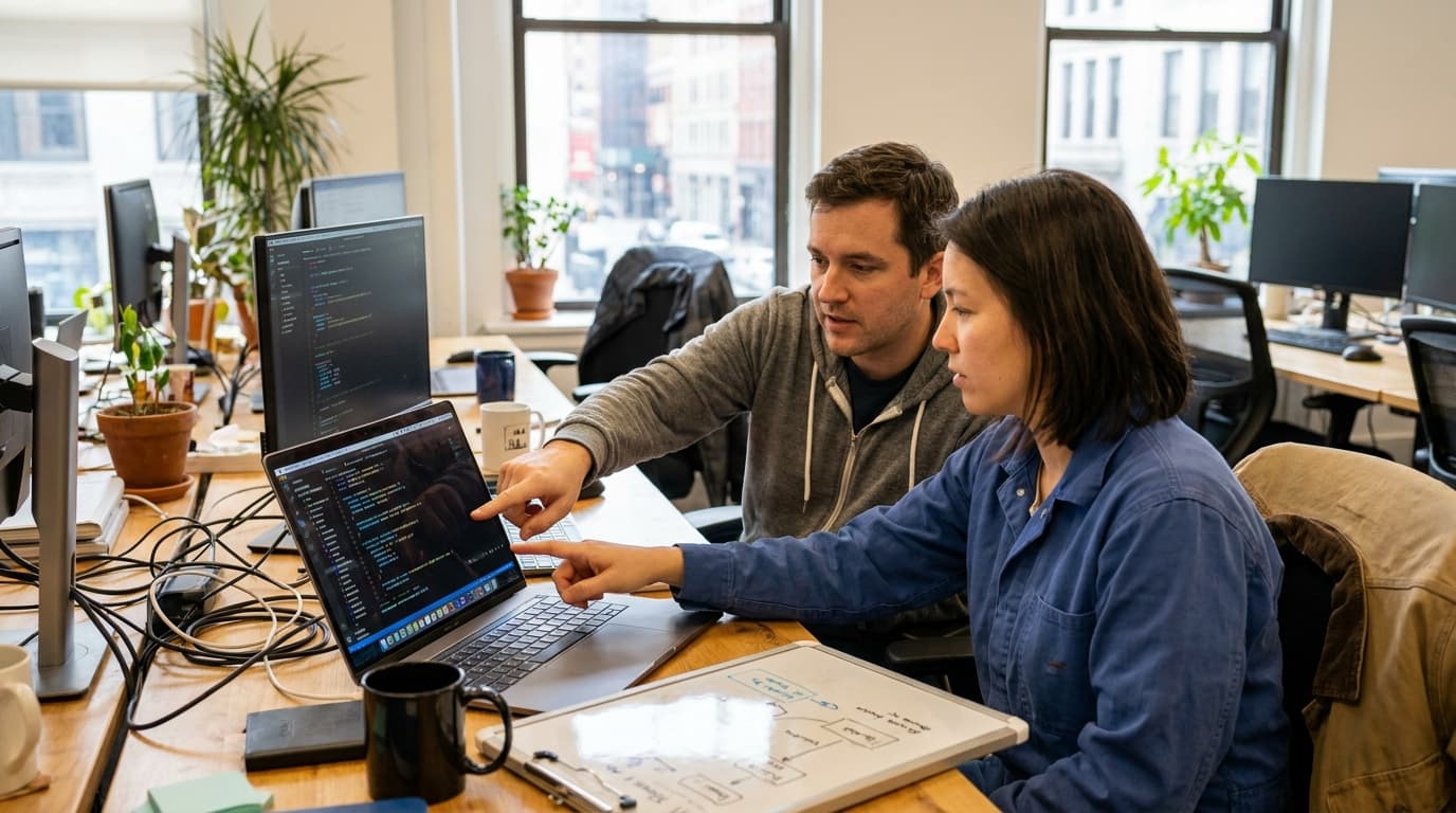 Two colleagues, a man and a woman, collaborate on Terraform code displayed on a laptop in a modern office setting.