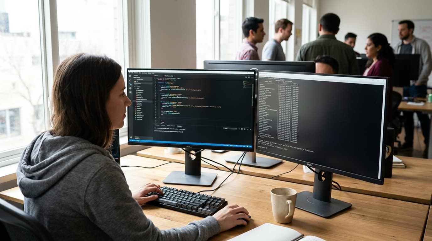 A developer's desk with two monitors, one showing Ruby code and the other showing a PostgreSQL terminal interface.
