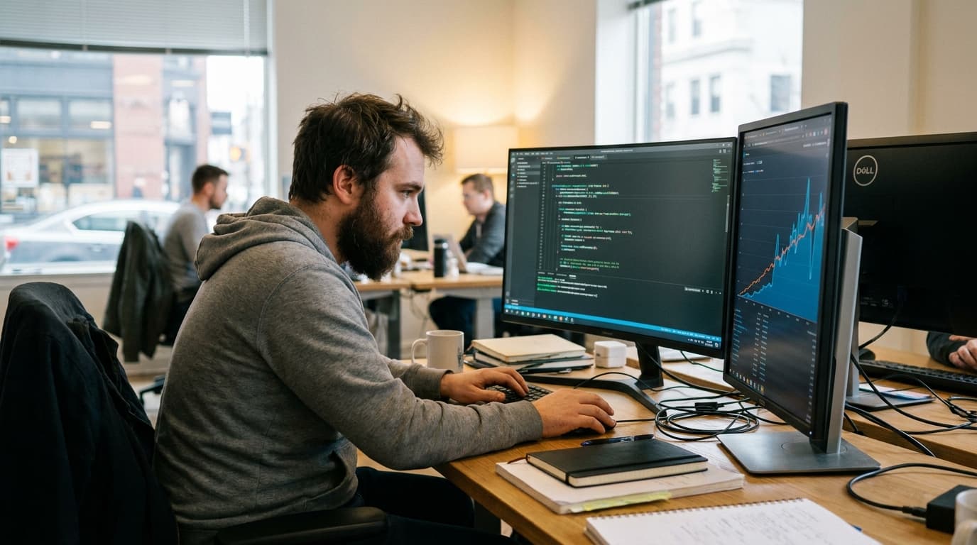 A developer analyzes performance graphs and code on a dual-monitor setup in an office.