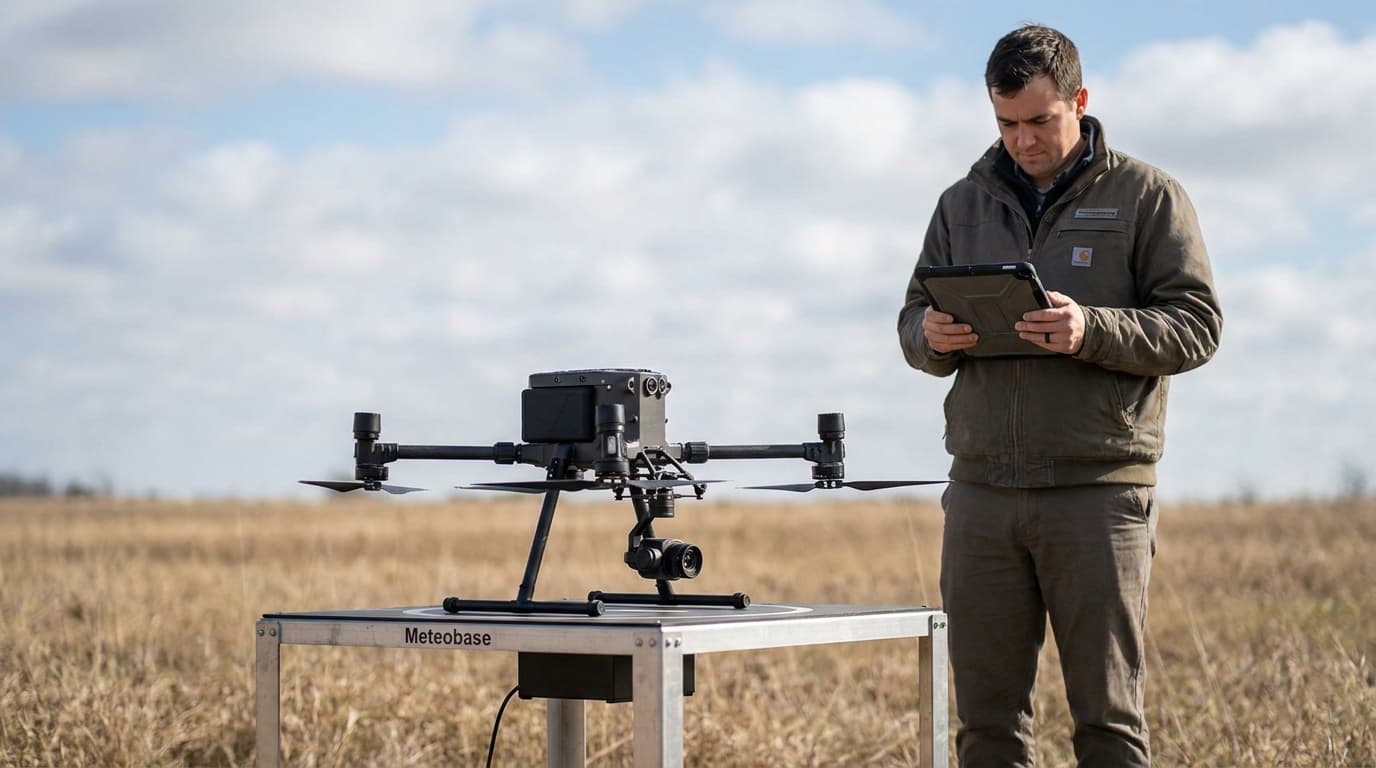 A weather-monitoring drone sits on its automated ground station in a field, ready for a data collection flight.