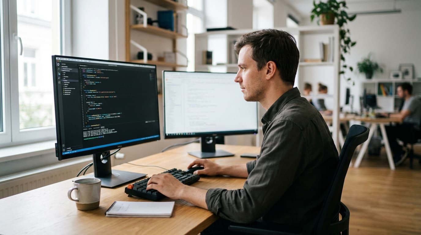 A developer sits at a desk and writes code for the Fuse programming language on a computer monitor in an office.