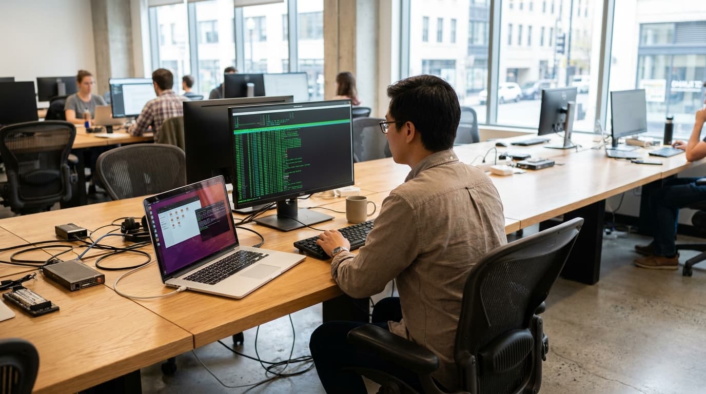 An IT professional in an office uses a computer to manage multiple Linux desktop systems for a company.