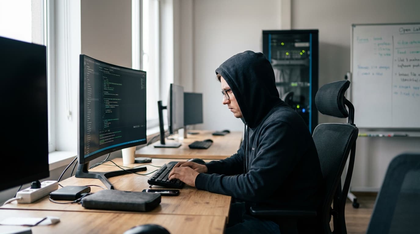 A security researcher studies code on a computer monitor in an office environment, looking focused and concerned.