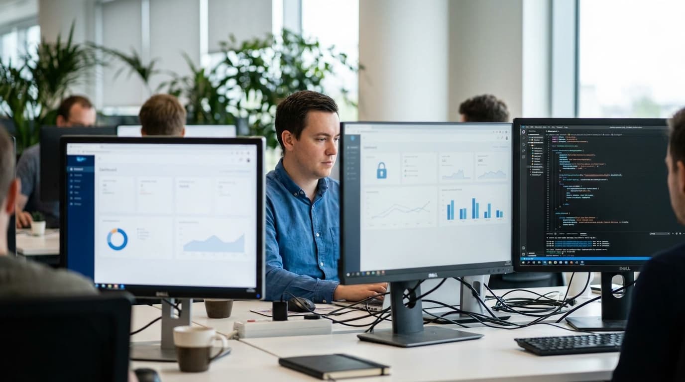 A security engineer working on a computer with HashiCorp Vault and Kubernetes configuration files visible on the screens.