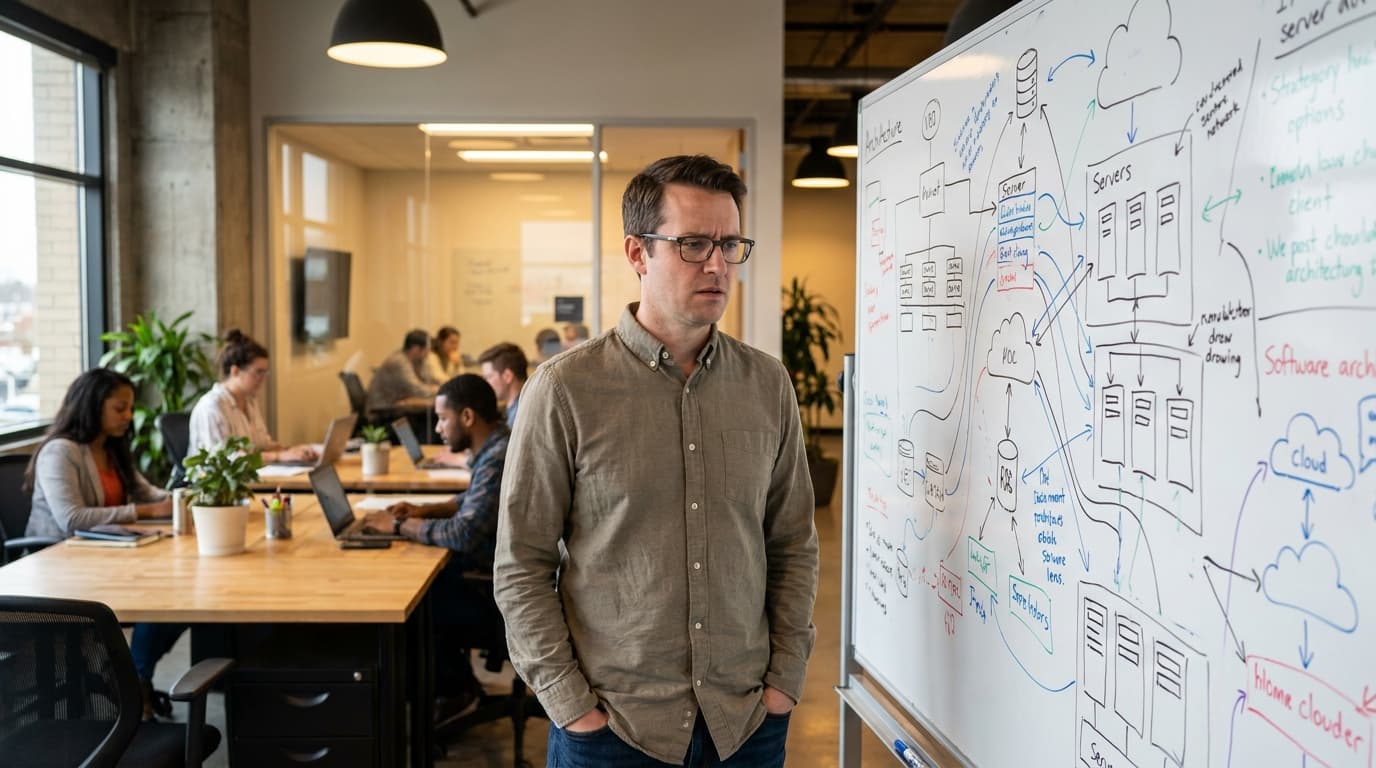 A technology executive studies a complex system architecture drawn on a whiteboard in a busy office.