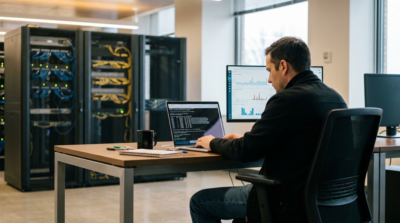 A security engineer at their desk reviews firewall rules on a laptop, with a traffic dashboard visible on a nearby monitor.