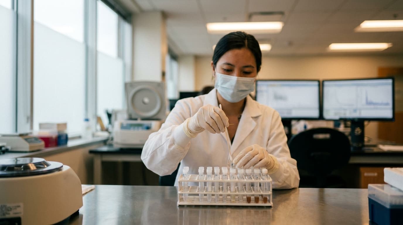 A lab technician wearing gloves handles a DNA sample in a sterile laboratory setting.