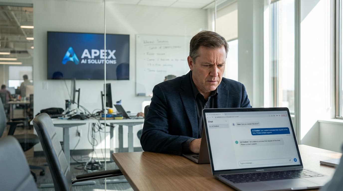 An executive in a modern office reviews an AI chatbot on their laptop, with their company's logo visible behind them.