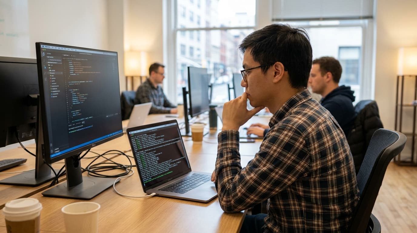 A developer reviews build logs on a laptop screen in a modern office, with a code editor open on a second monitor.