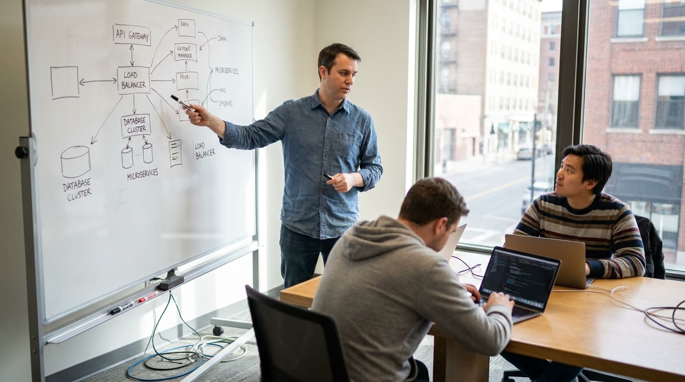 An engineering manager at a whiteboard explains a system diagram to two developers sitting at a table in an office.