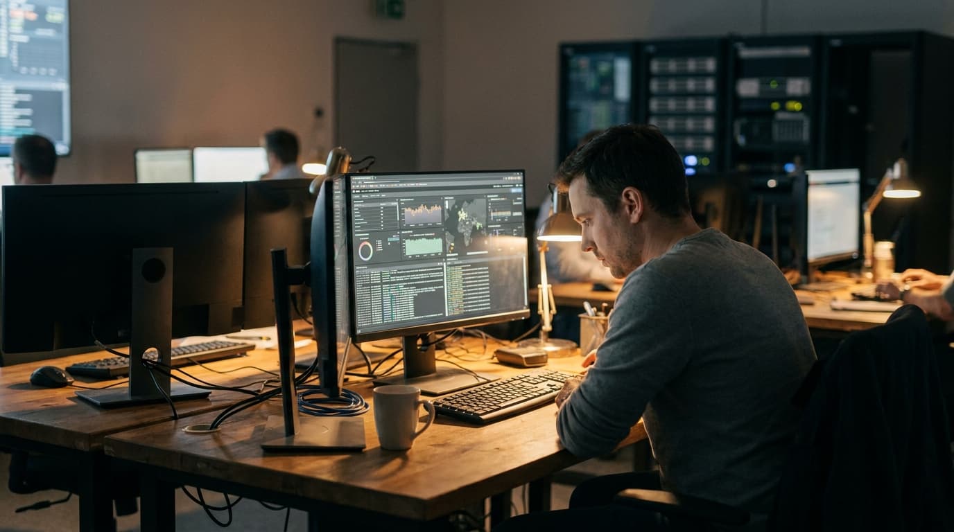 A security analyst in an office environment reviews data on a large computer monitor displaying graphs and alerts.