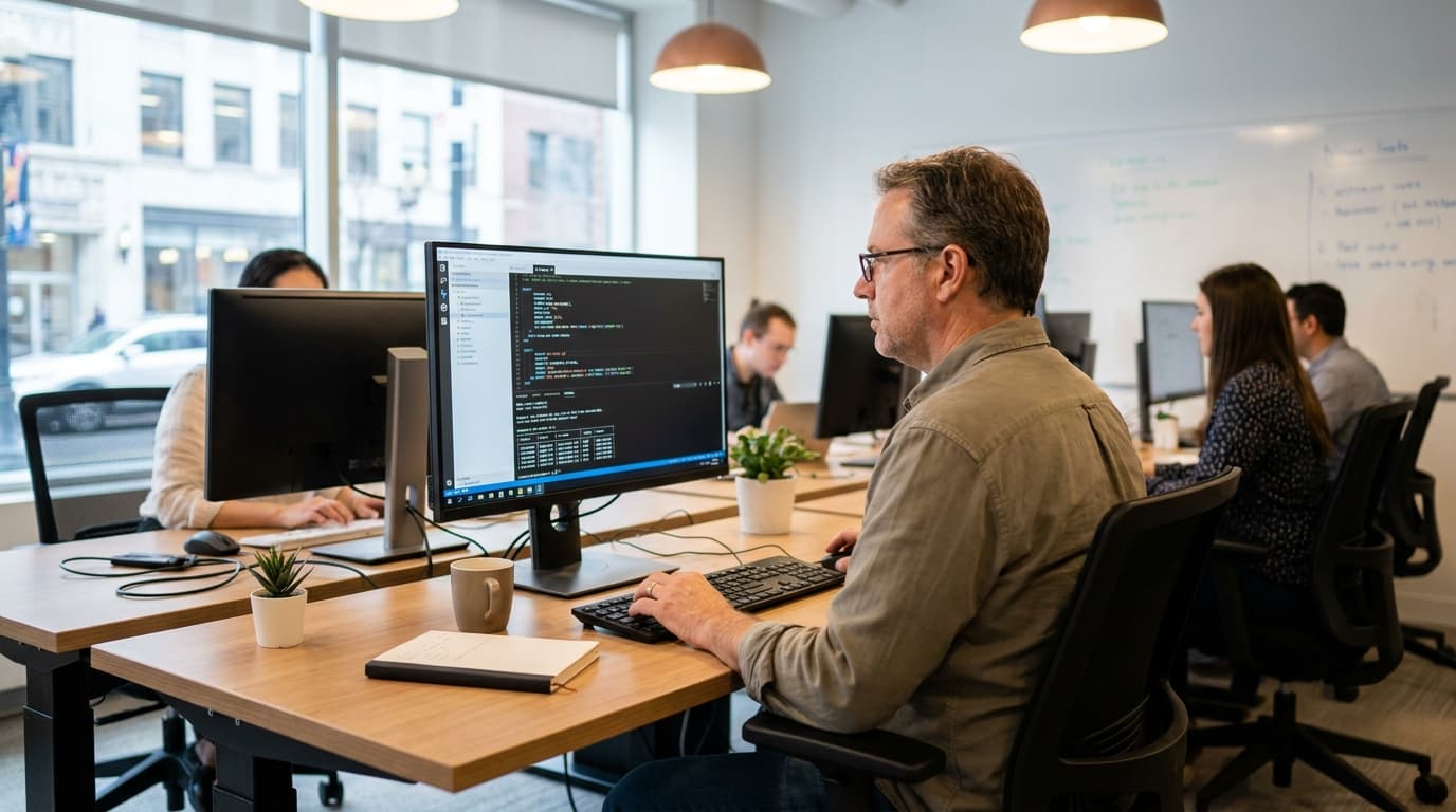 A database administrator works on PostgreSQL code on a computer monitor in an office setting.