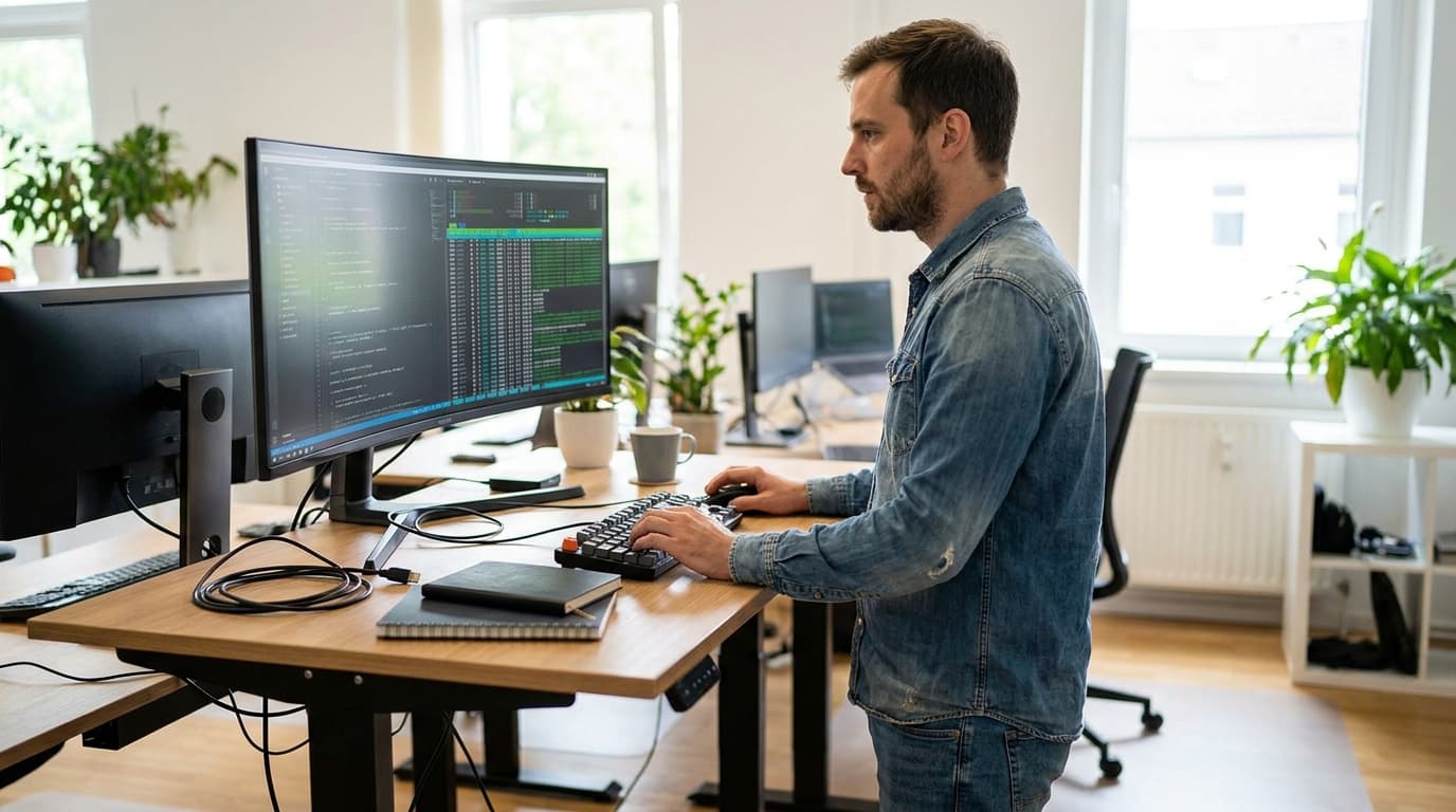 An engineer analyzes system performance data and code on a large computer monitor in an office environment.