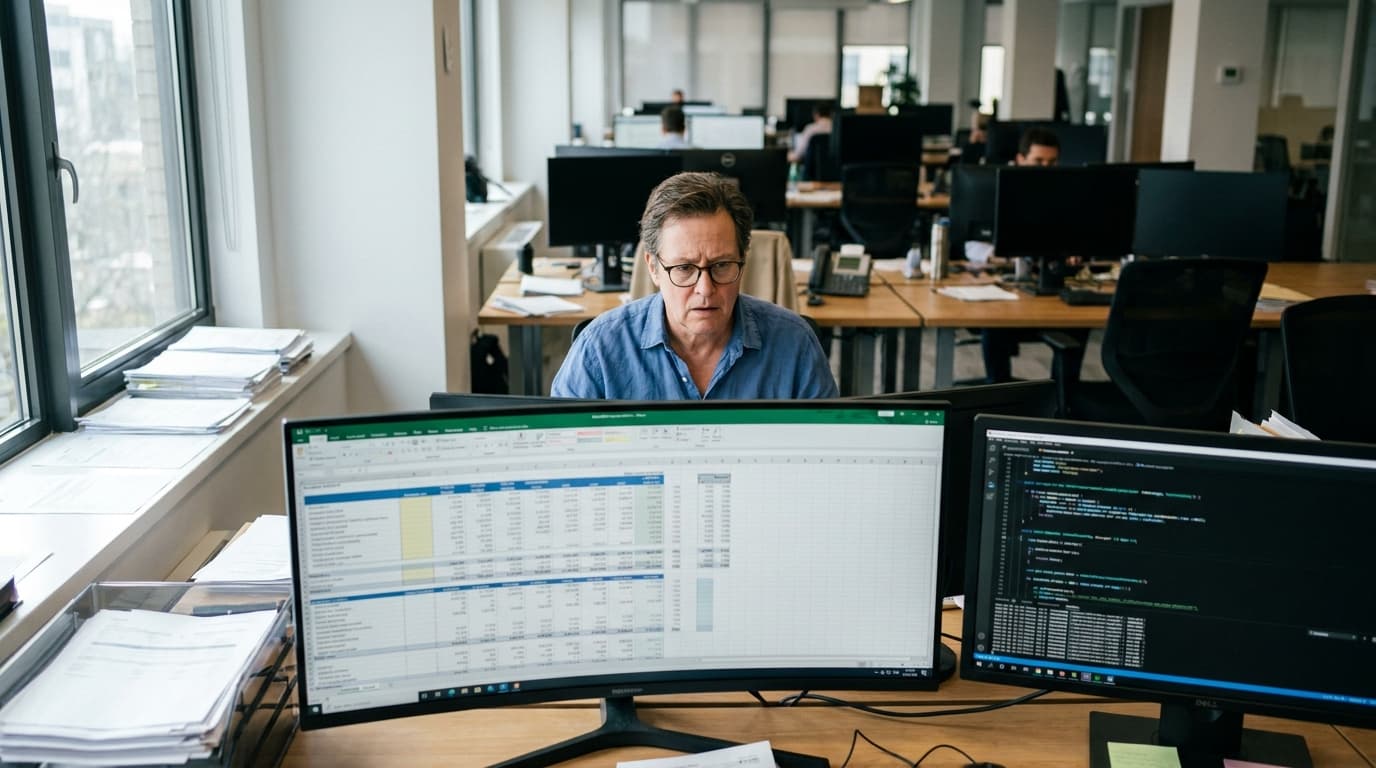 A financial analyst reviews a budget spreadsheet on a computer monitor in an office, looking concerned about the data.