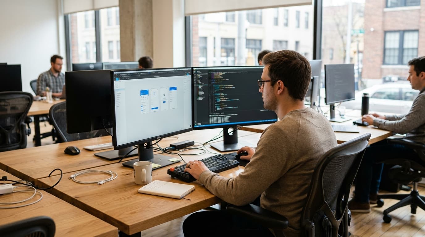 A developer works on cross-platform UI code at a desk with two monitors in a modern office.