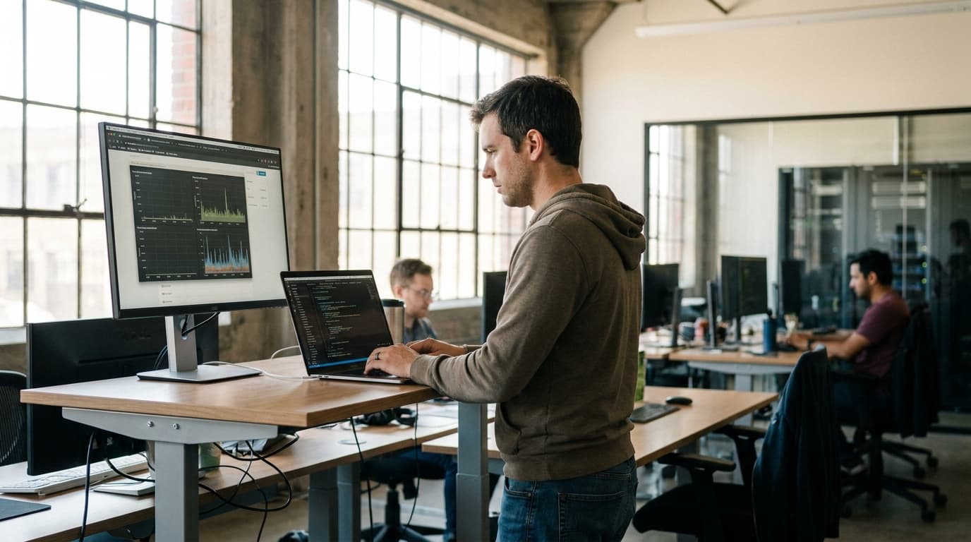 A developer in an office environment works on a laptop, with a monitor displaying performance graphs in the background.