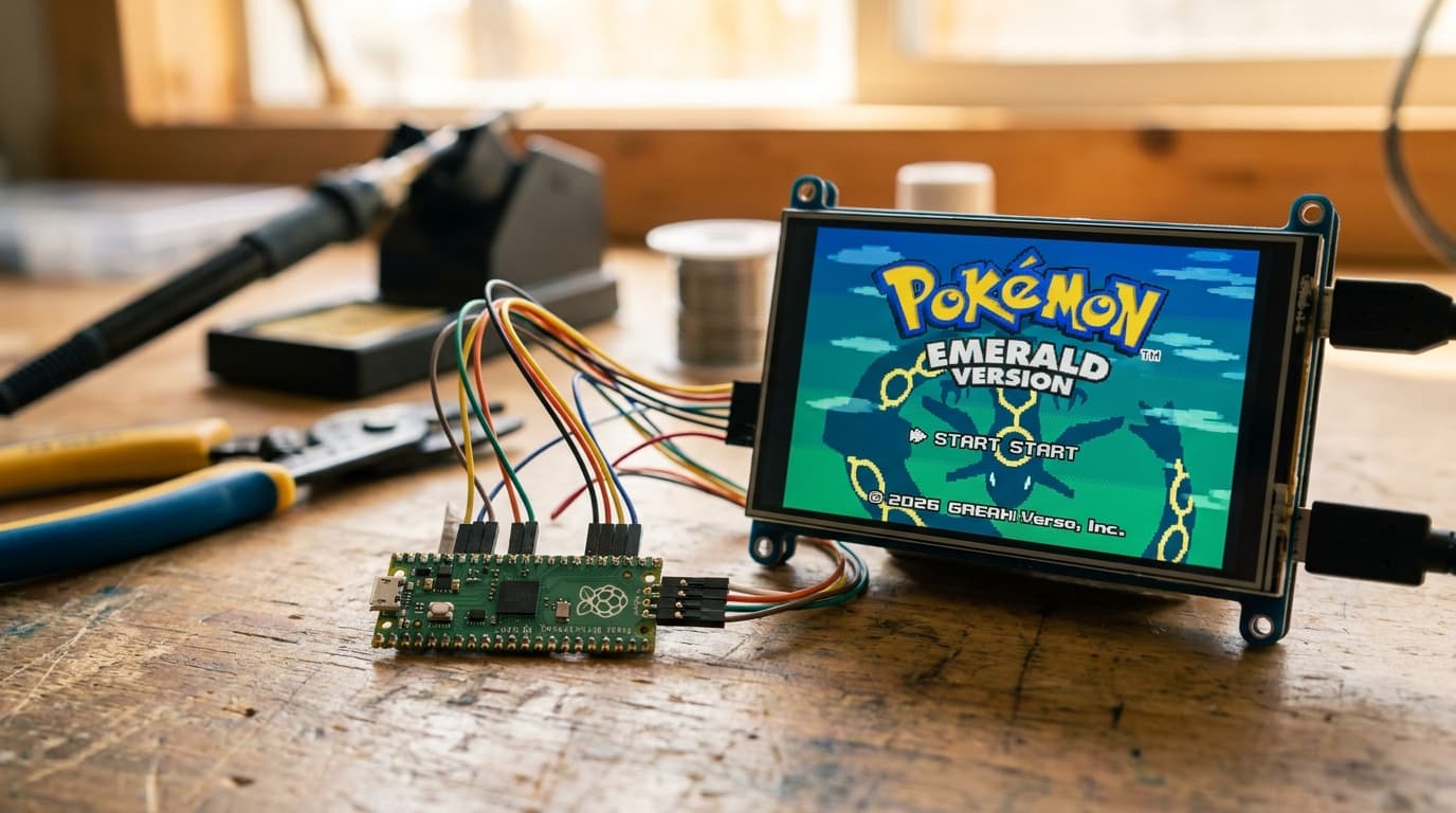 A Raspberry Pi Pico 2 board connected by wires to a monitor, which is displaying the classic video game Pokémon Emerald.