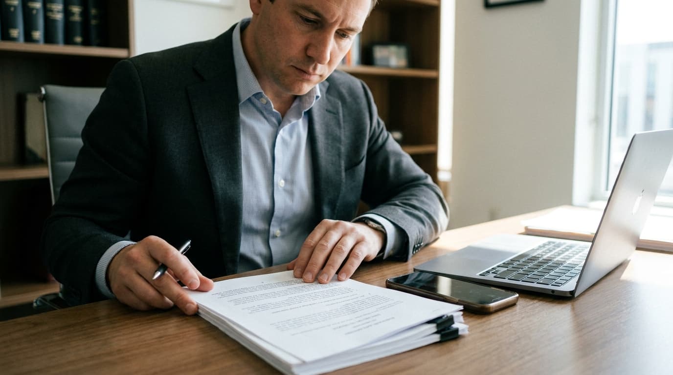 A lawyer sits at a wooden desk, carefully reading a legal document related to technology and privacy.