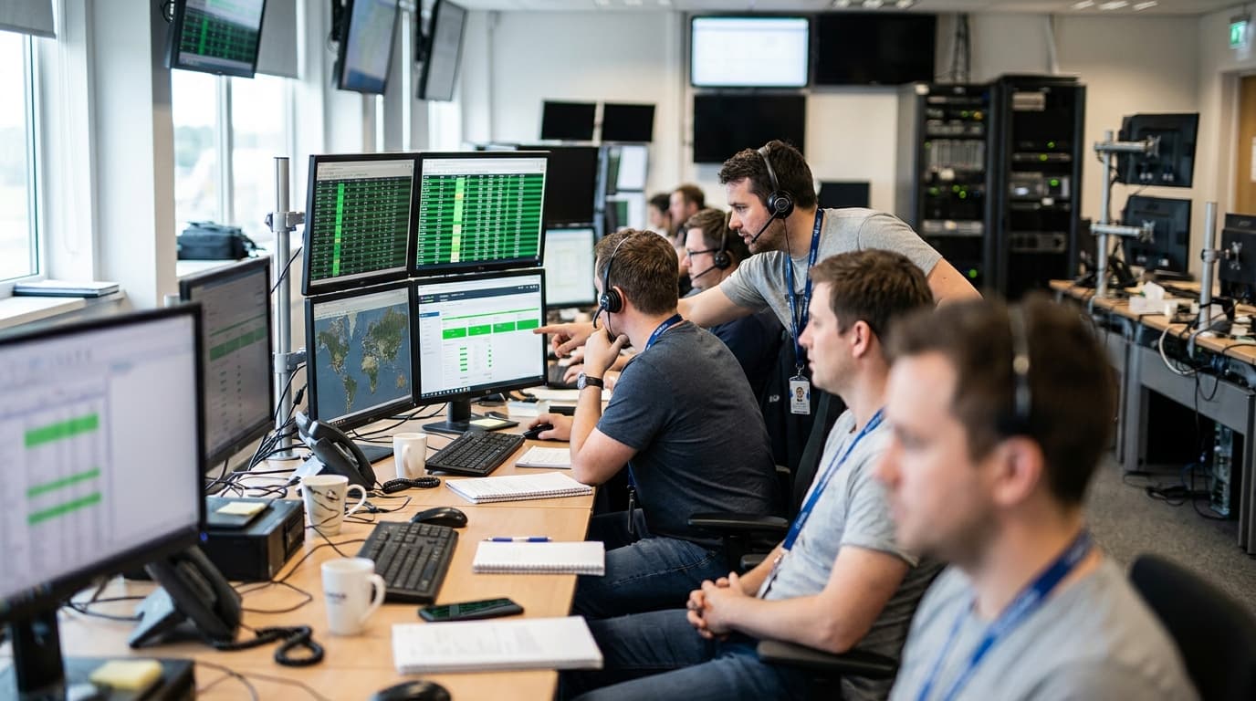 IT professionals in an airline operations center work at computers monitoring flight and system data on large screens.