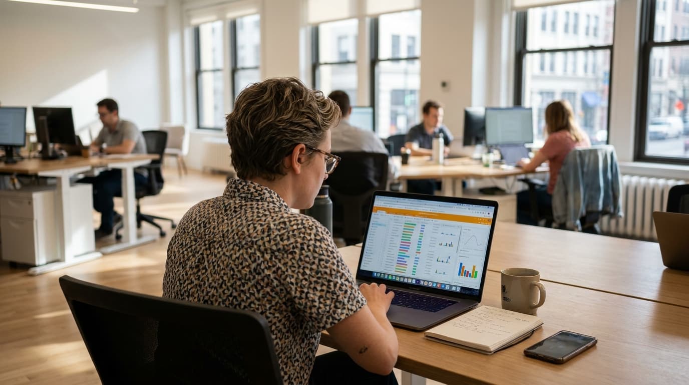 A professional at their desk reviews a detailed database project on a laptop running Airtable software.