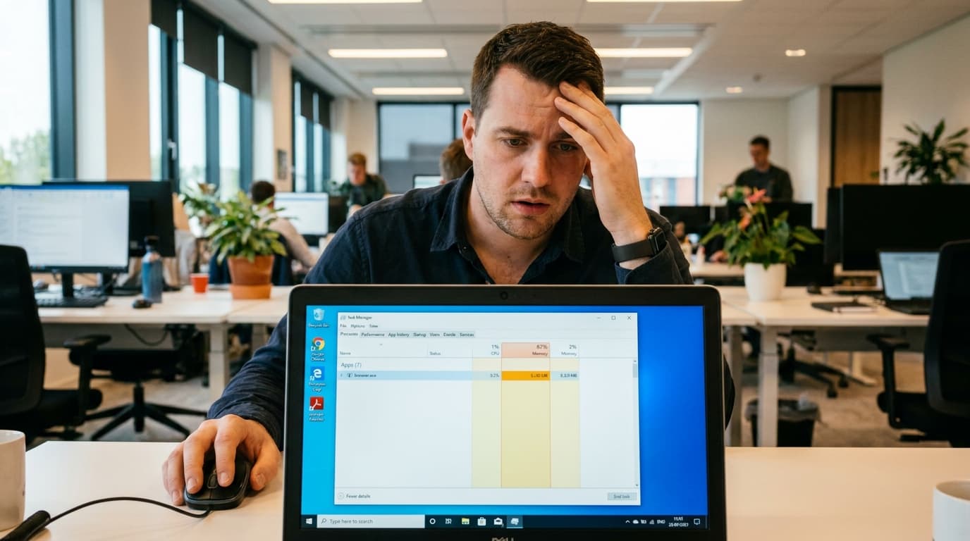 An IT administrator examines a laptop's performance monitor, which indicates a program is using an excessive amount of memory.