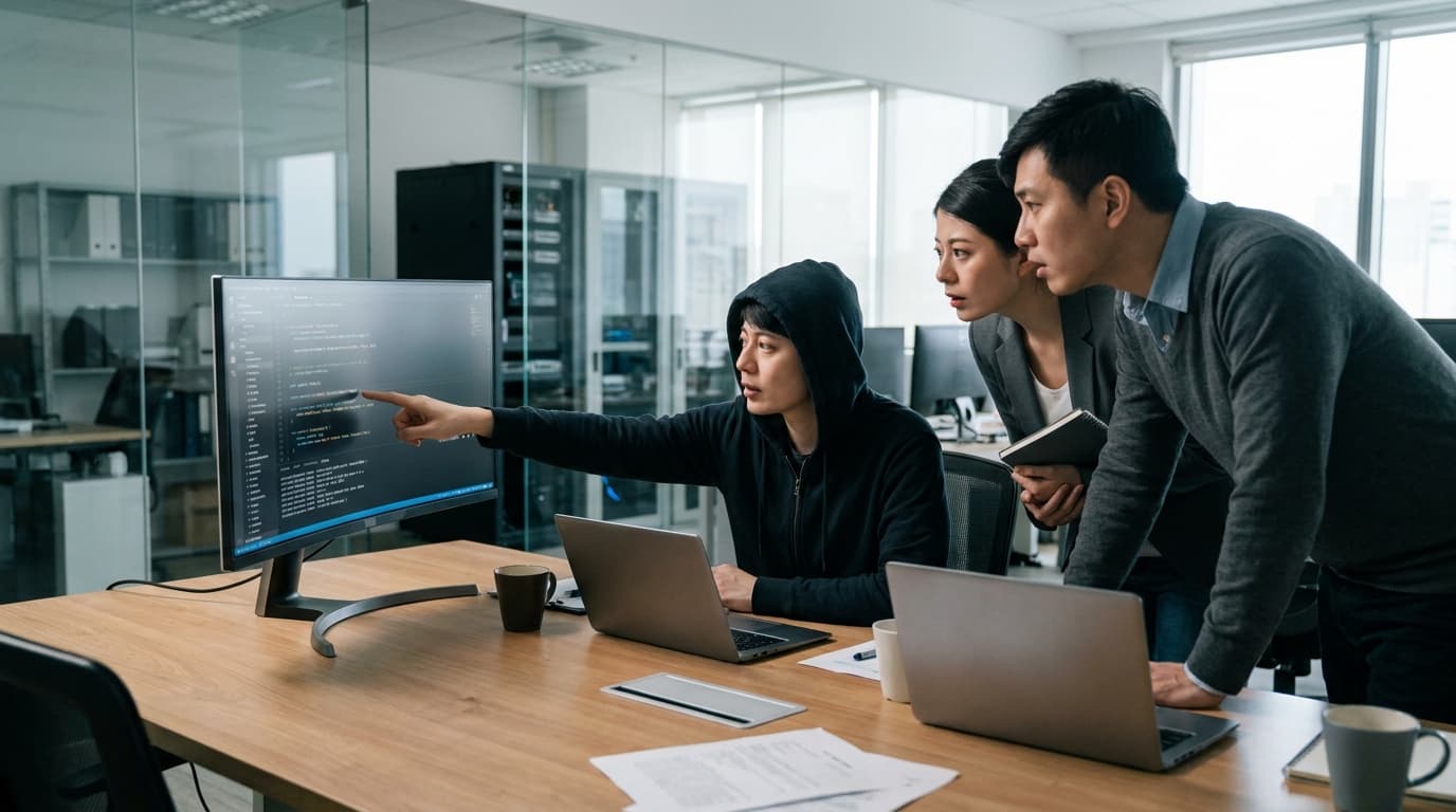Three cybersecurity professionals in an office discuss code on a large monitor, showing concern and focus.
