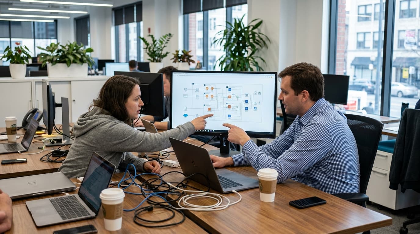 Two engineers in an office collaborating over a computer screen showing a network architecture diagram.