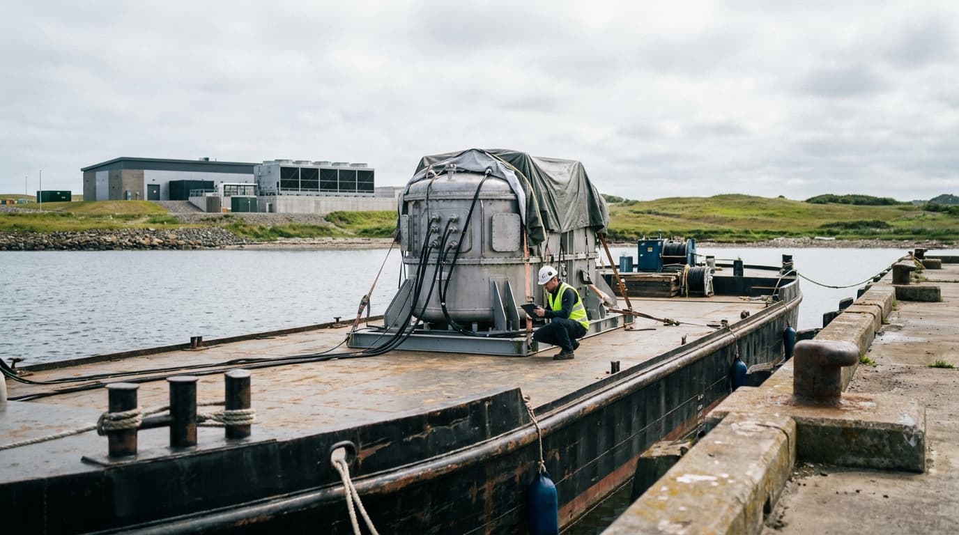 A floating nuclear reactor on a barge moored near a coastal data center, with an engineer performing an inspection.