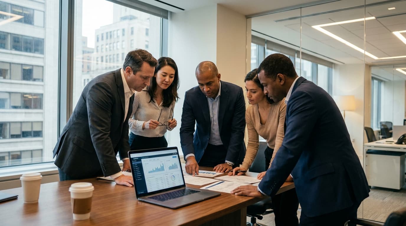 Financial executives and analysts in a boardroom meeting, reviewing data on a laptop and discussing AI governance strategies.