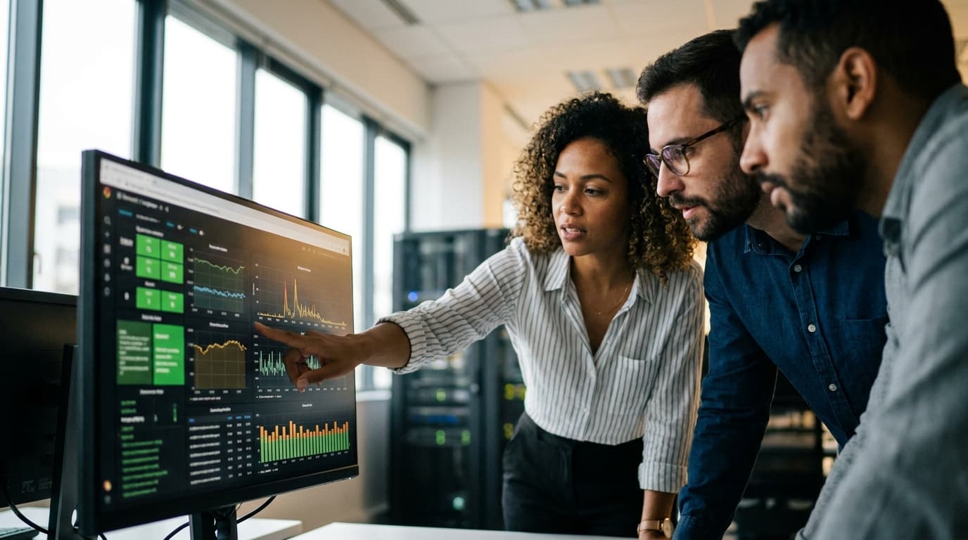 Three IT engineers in an office collaborate in front of a large screen showing system performance data and graphs.