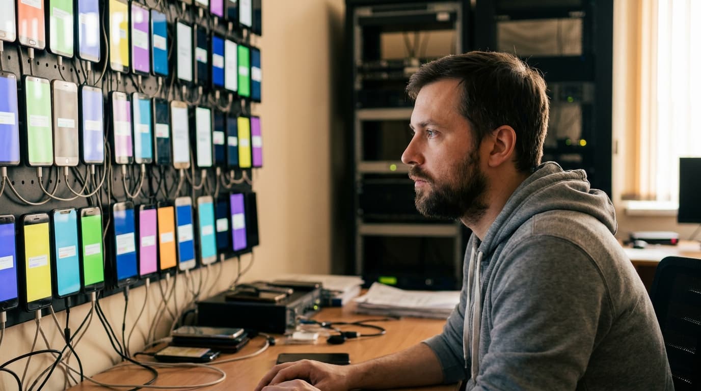 A developer in a modern office looks at a grid of many different smartphones being tested simultaneously in a device lab.