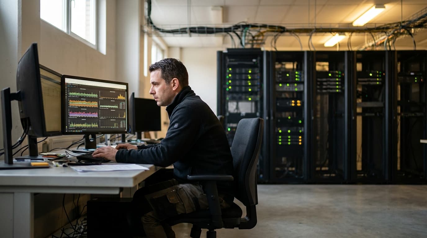 A network engineer works on a computer in a data center, with server racks visible behind them.