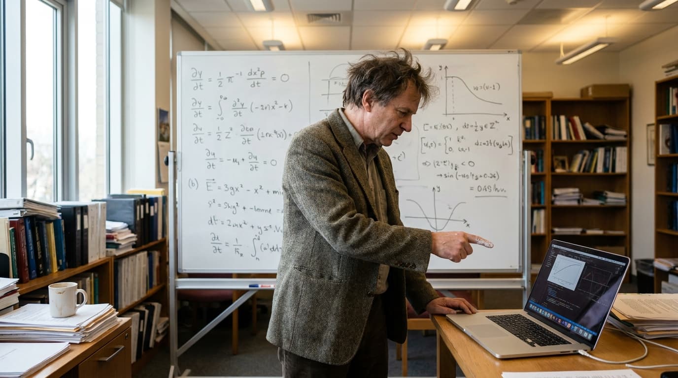 A mathematician in an office points at a whiteboard covered in mathematical formulas while consulting a laptop.