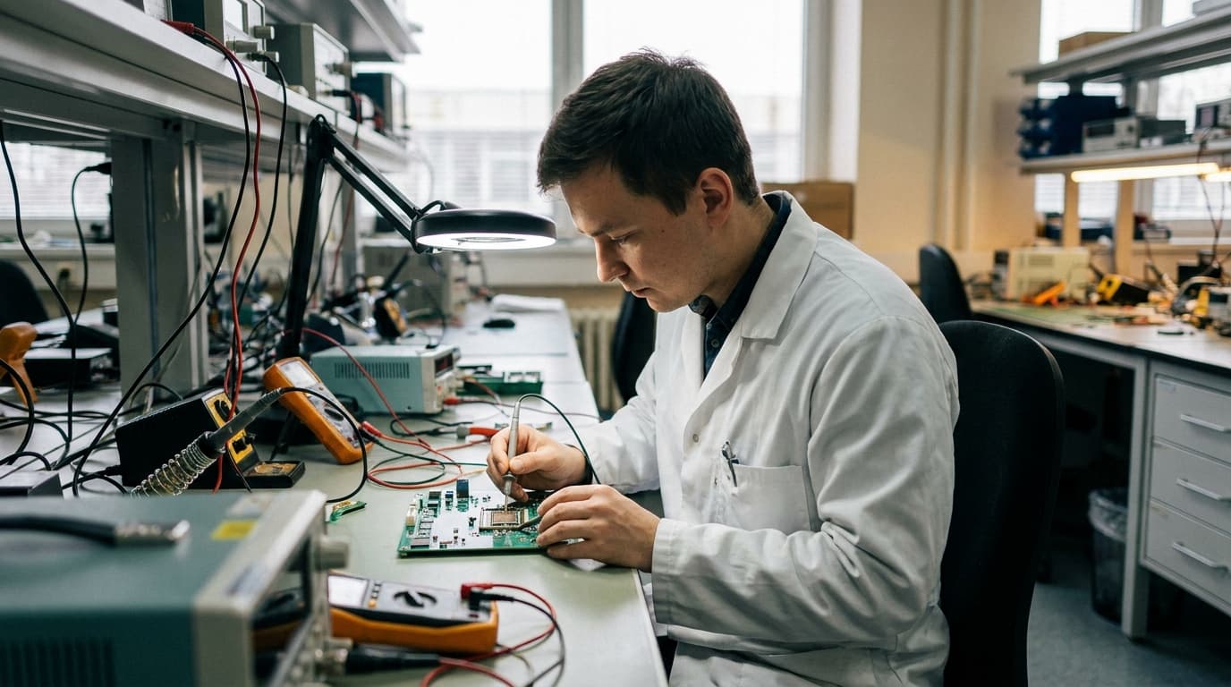 An engineer examines a small silicon chipset on a circuit board at a well-lit workbench.