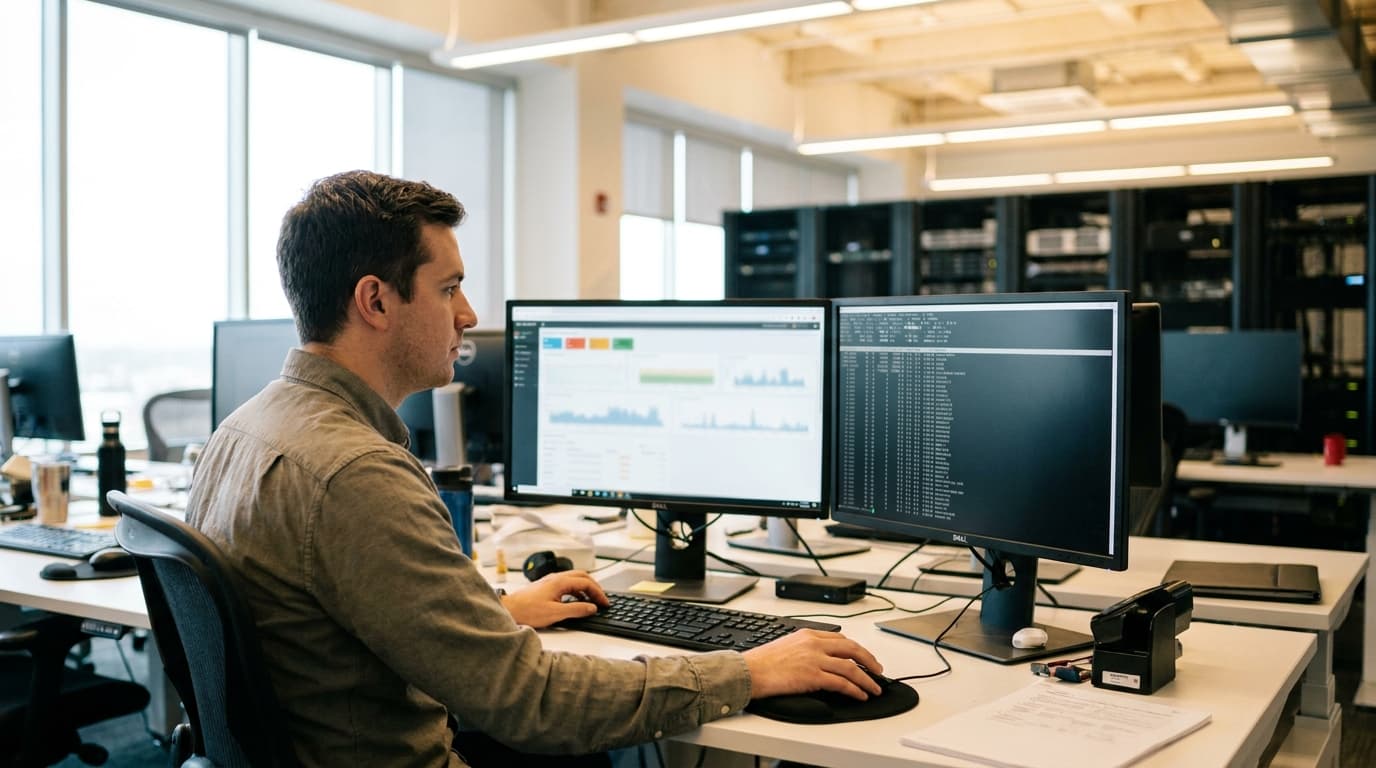 An IT professional works at a desk with two monitors, one showing a configuration dashboard and the other showing a command-line interface.