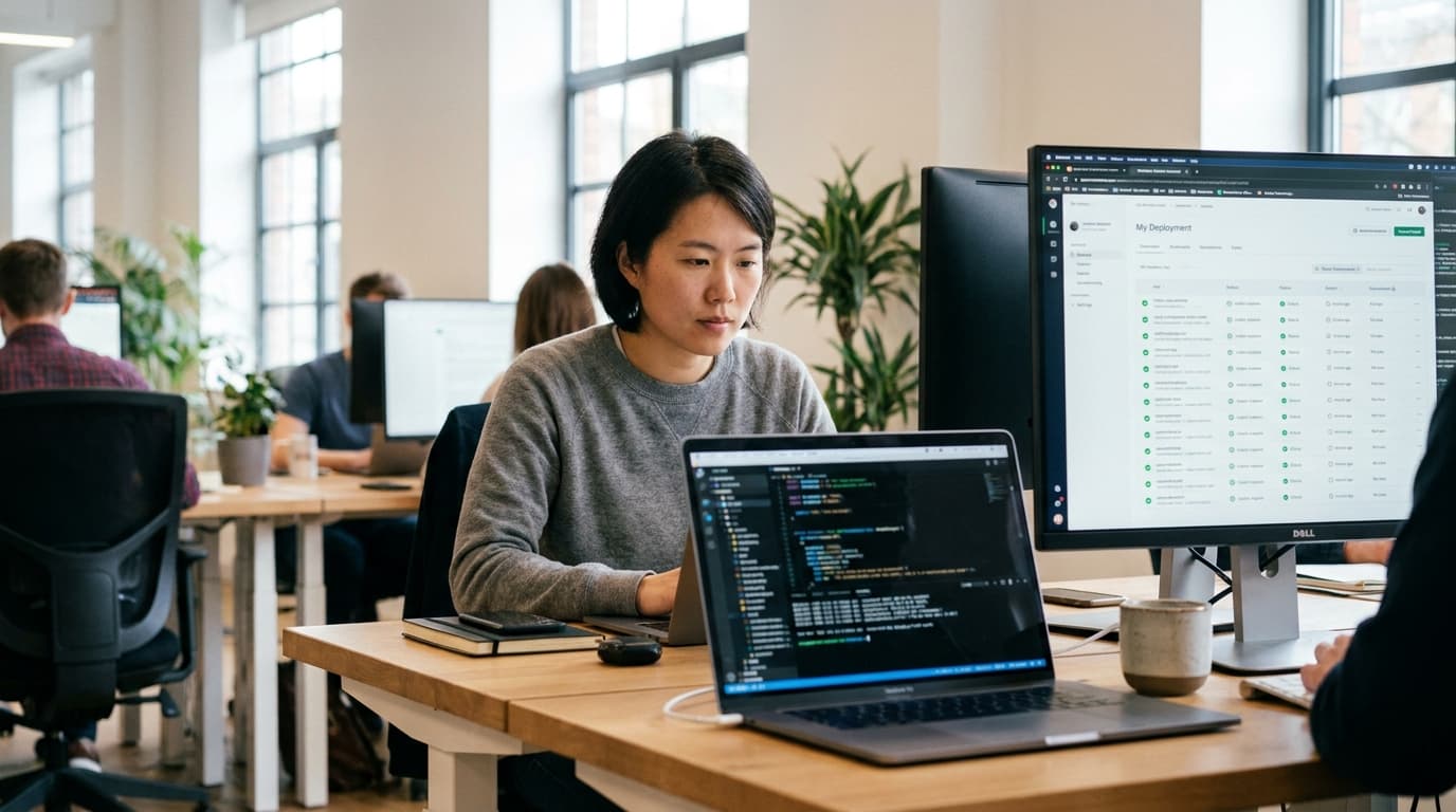 A developer at their desk with a laptop showing code and a monitor displaying a Vercel deployment dashboard.