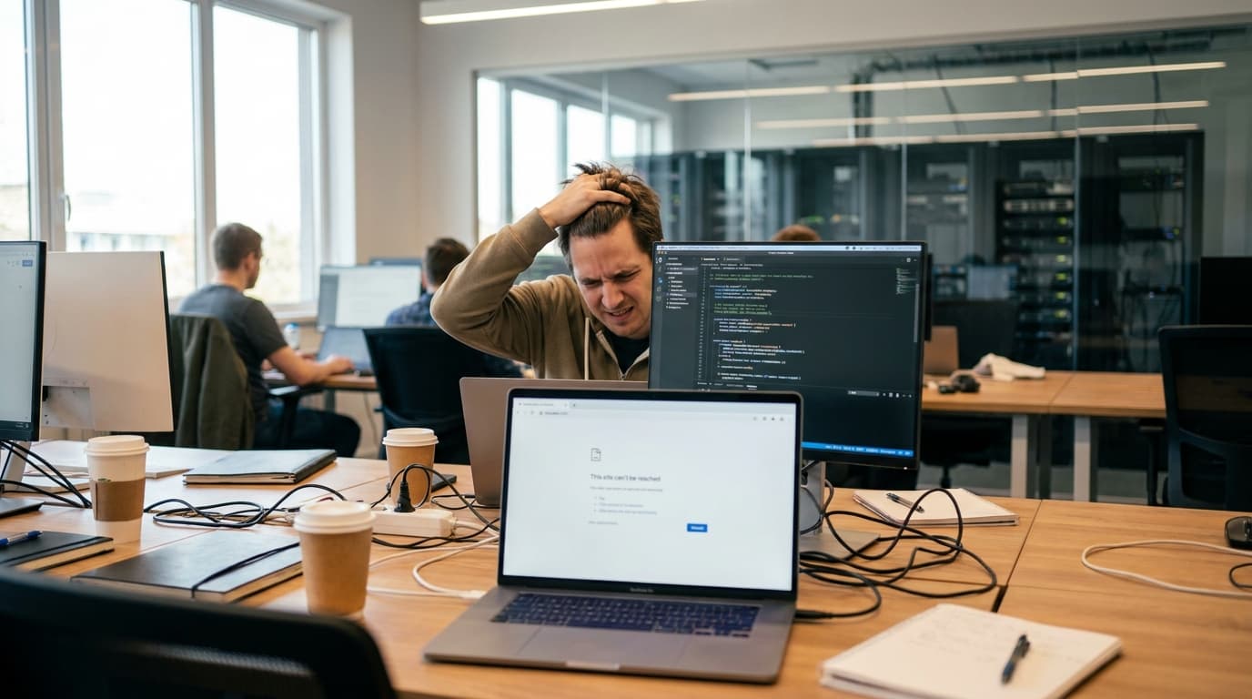 A frustrated developer looks at a laptop showing an error message, unable to work due to the GitHub outage.