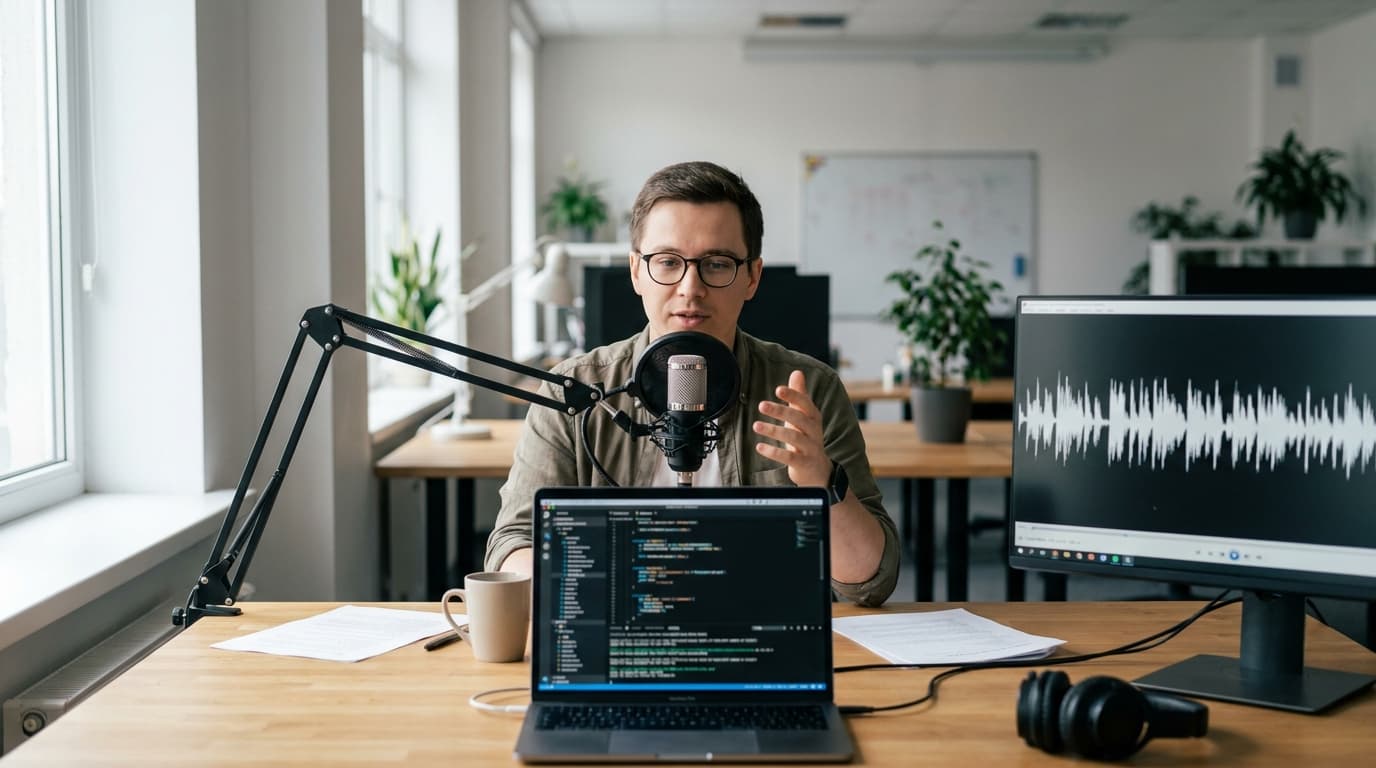 A developer in an office speaks into a microphone while working on voice AI software on their laptop and external monitor.