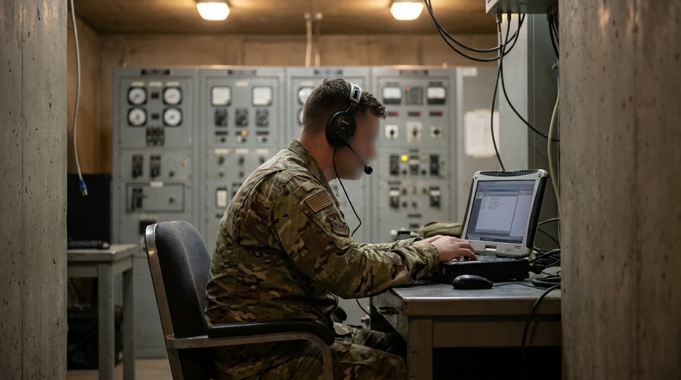 A military technician works on a laptop inside a missile control center filled with both modern and legacy equipment.
