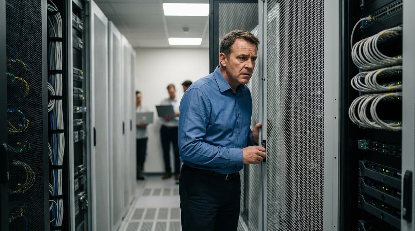 An IT manager in a data center looks at a locked server rack containing inaccessible company data.