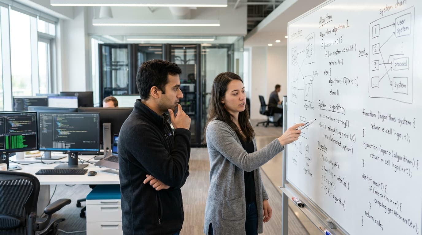 Two AI researchers discuss complex diagrams on a whiteboard in a modern office.