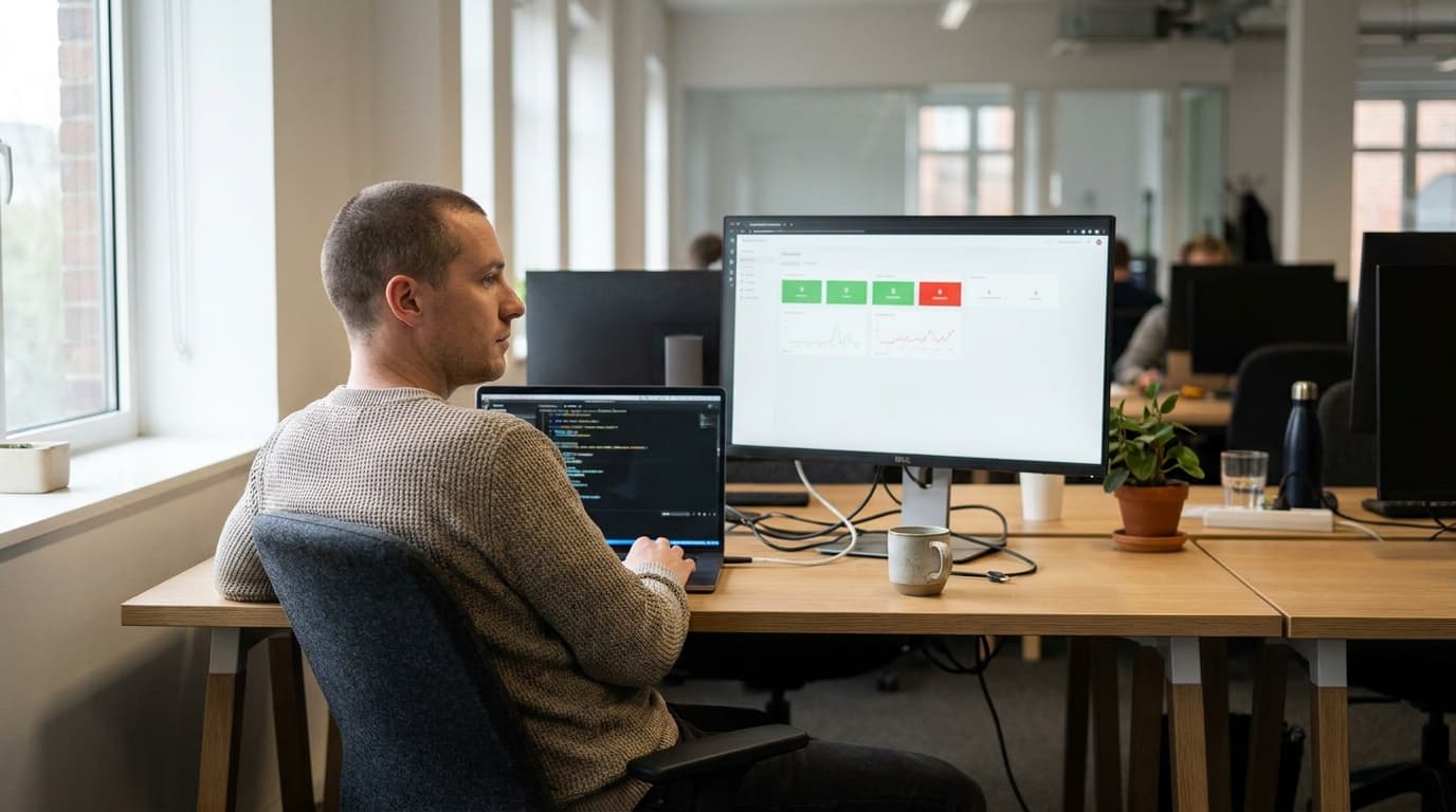 A data engineer works on a laptop in an office, with a second monitor displaying a system health dashboard.