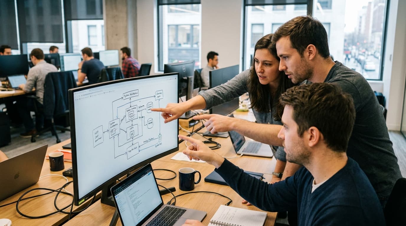 Three software engineers in an office collaborate while looking at a system architecture diagram on a large wall-mounted monitor.