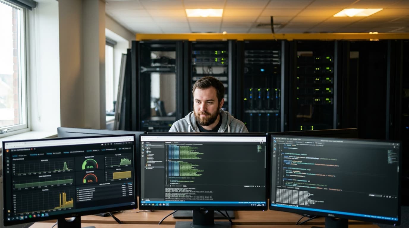 An IT engineer monitors system performance on multiple screens in a modern data center control room.