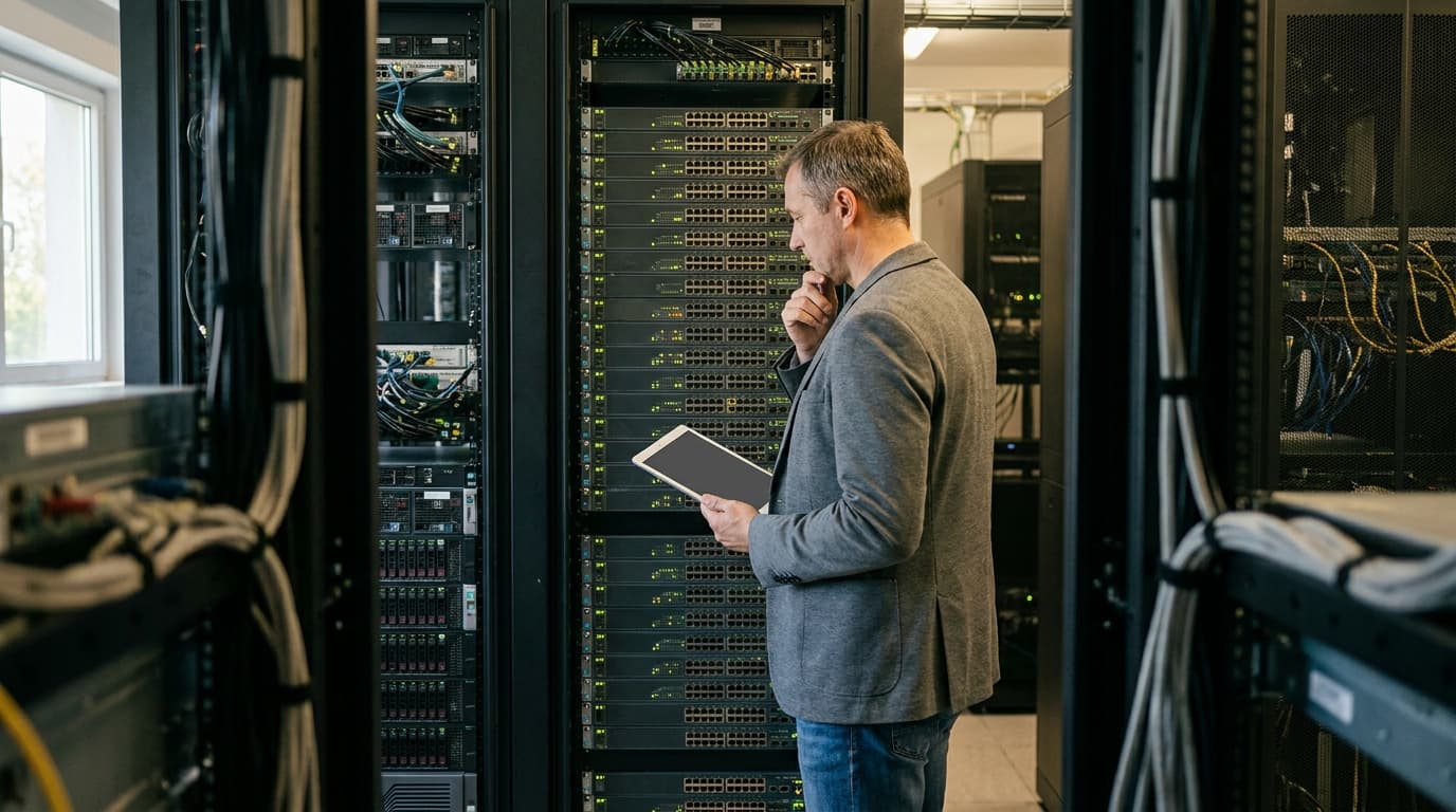 An IT professional inspects a server rack filled with network equipment in a modern data center.