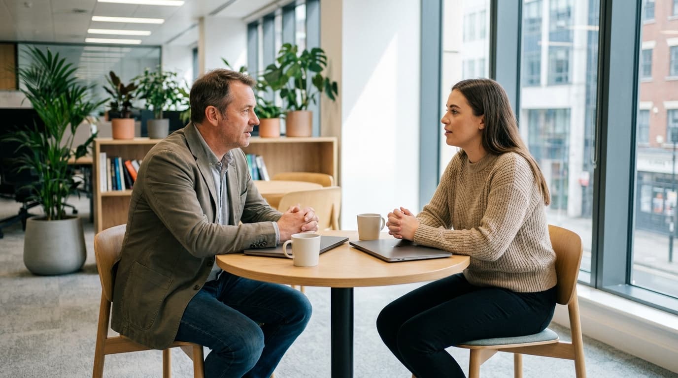 A manager and an employee sit across from each other at a table in an office, engaged in a focused, personal conversation.