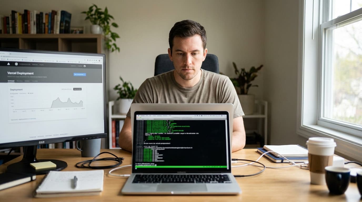 A developer works on a laptop with a terminal open, managing Vercel Container Registry from the command line.