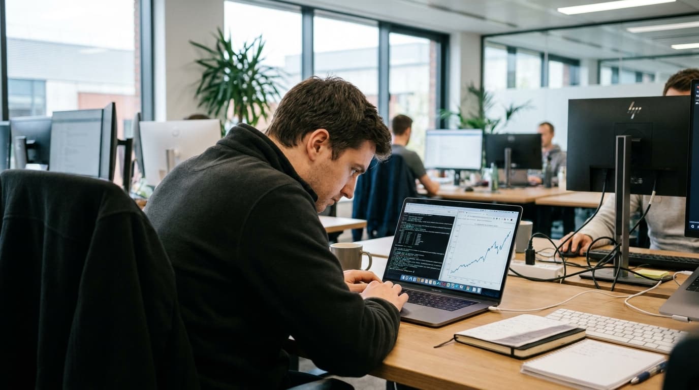 A software developer analyzes Java code and a performance chart on a laptop in a well-lit office environment.