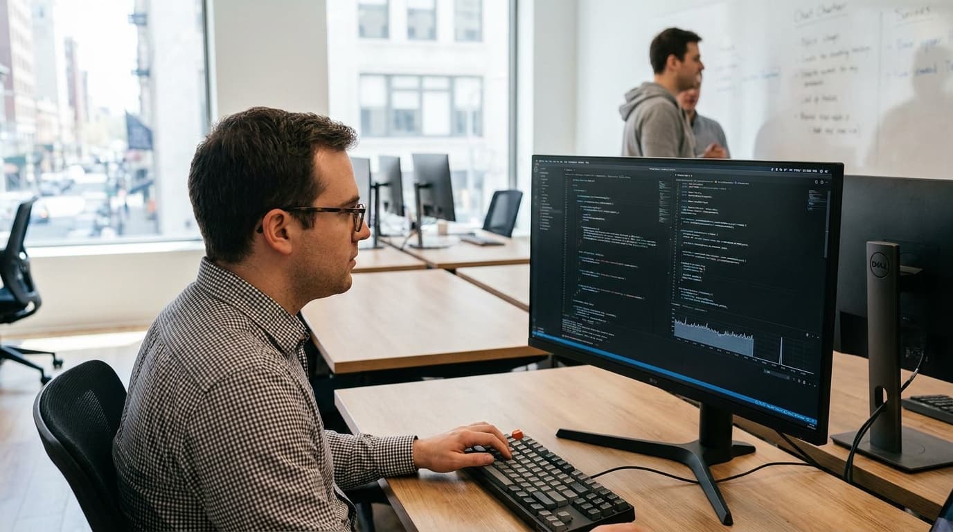A developer analyzes code and performance data on a computer monitor in a modern office setting.