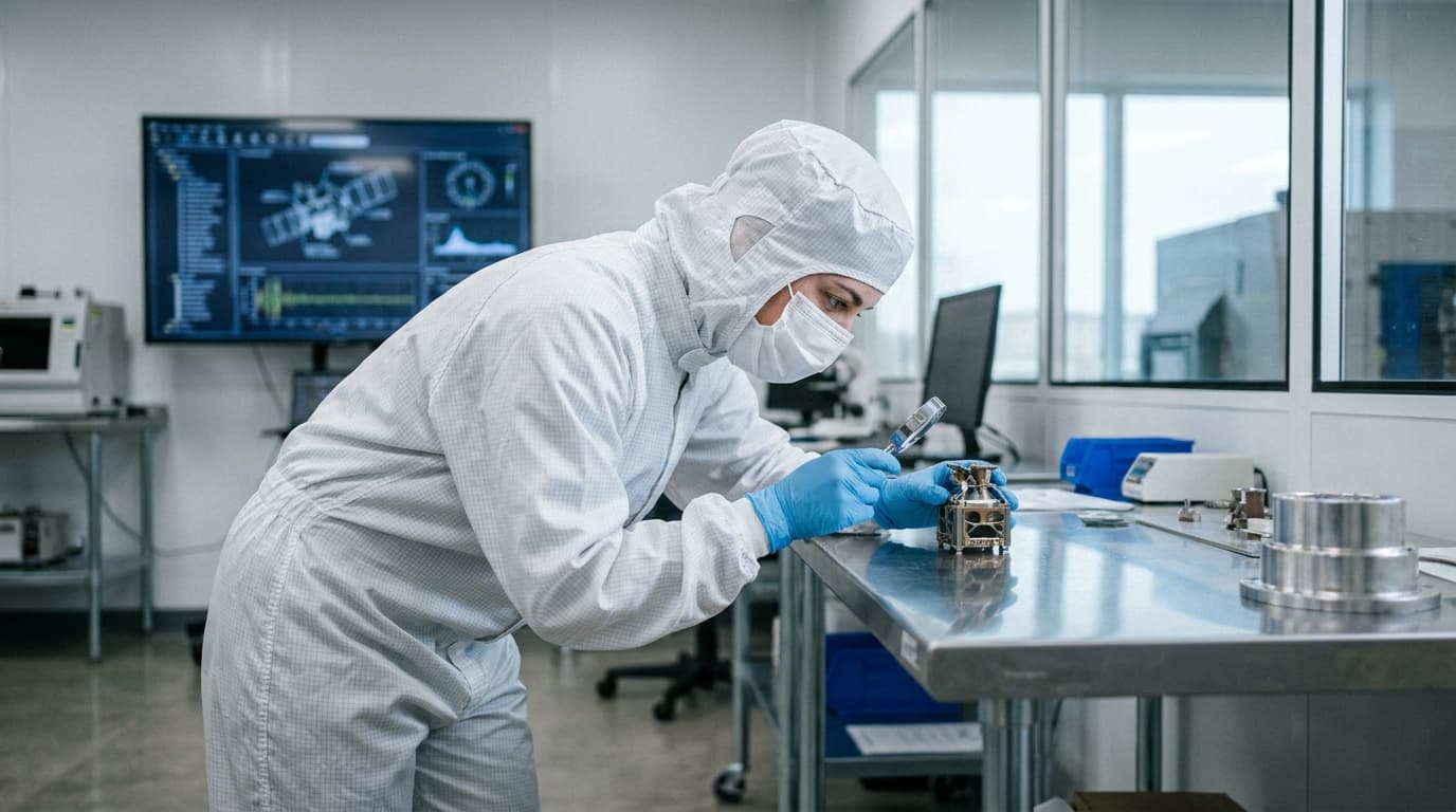 An engineer examines a complex metal satellite thruster on a workbench inside a brightly lit technology lab.